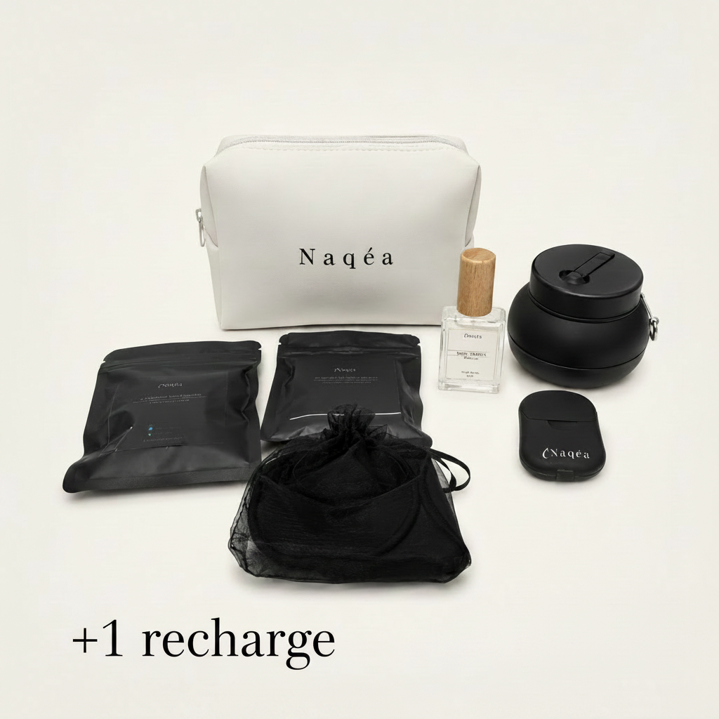 Kit Naqea Premium + 1 Recharge – Le kit d’hygiène intime nomade avec bidet pliable, protège-cuvette et lingettes compressées