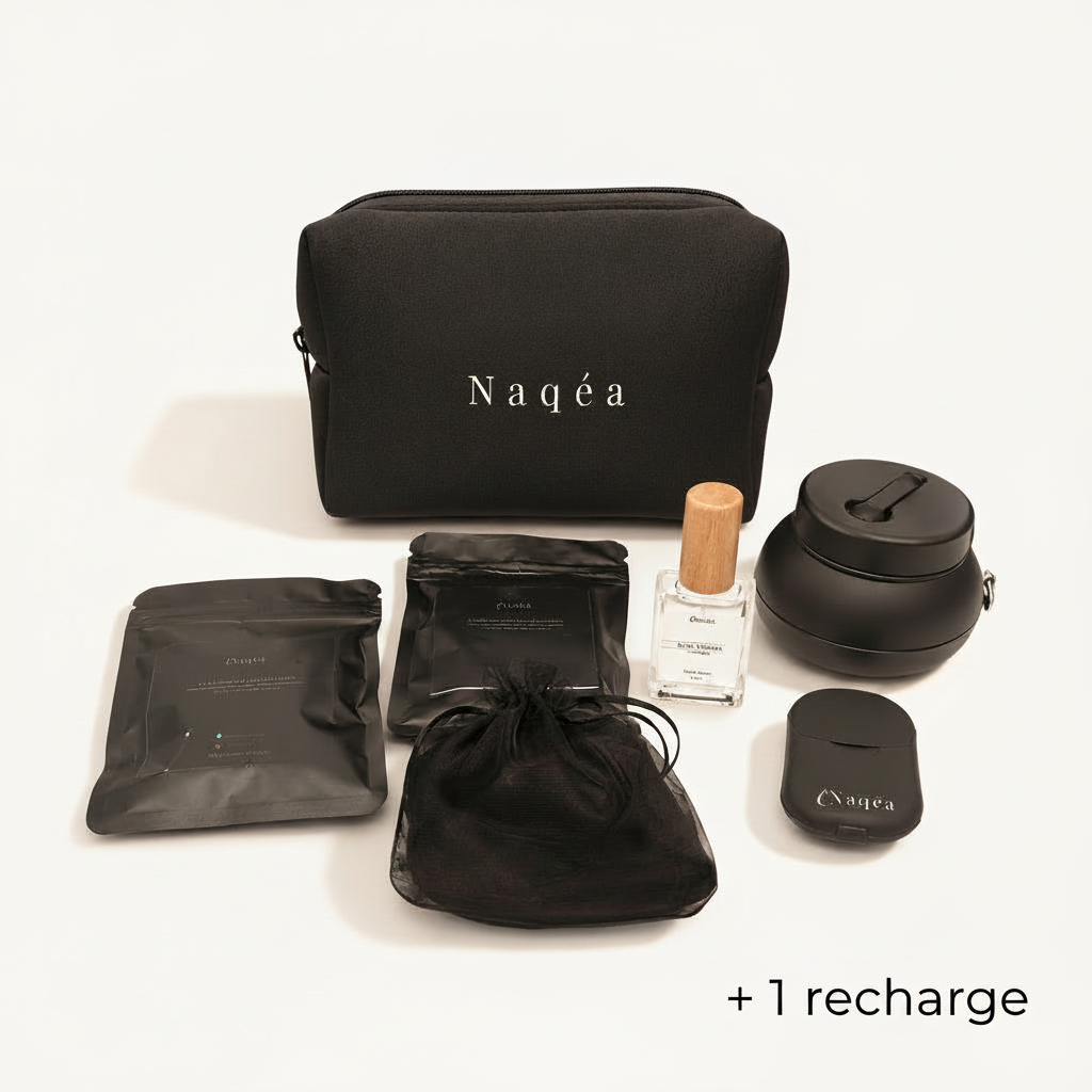 Kit Naqea Premium + 1 Recharge – Le kit d’hygiène intime nomade avec bidet pliable, protège-cuvette et lingettes compressées